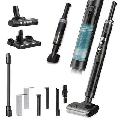 A collection of vacuum cleaner parts and accessories, including a main unit, various attachments, and cleaning pads, arranged on a white background.