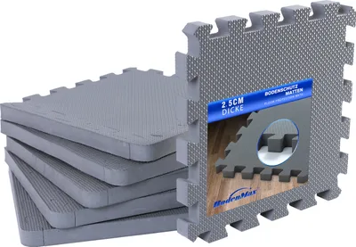 Produktbild von BodenMax Schutzmatten mit Randstücken 30x30cm, 2,5cm für Boden|Fitness Unterlegmatten Fitnessmatten für Bodenschutz – Sport, Fitnessraum, Keller, 25mm, Grau, 6 Stück