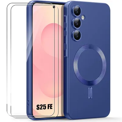 Image de Coque + 2 Verres Trempés pour Samsung Galaxy S25 FE, Silicone Anti-Rayures avec Cercle Magnétique - Bleu Marine