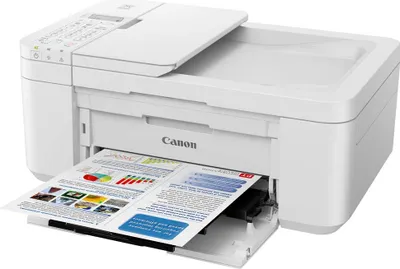 A white Canon PIXMA TR4551 printer is shown from a front-diagonal angle, printing a document with charts and text.