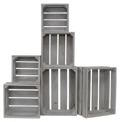 Produktbild von Set aus 6 Holzkisten im Vintage-Stil, 3 Größen, stapelbar und ineinander nestbar, dekorative Aufbewahrungsboxen ausem Weichholz, Grau