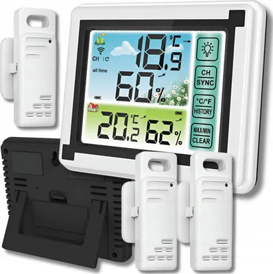 A digital weather station with multiple sensors, displayed on a white background.
