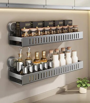 Produktbild von Geschirrständer für Wandmontage - Set von 2 - Metallischer Geschirrorganizer - Grau - Keuchenschrank ohne Bohren - Geschirrständer für Wand - 40 cm
