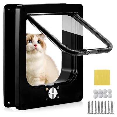 Produktbild von Katzenklappe mit 4-Wege-Magnetverschluss: Haustiertür mit geräuscharmem Design, einfache Installation für Innen- und Außentüren, Wand-/Holztür (XL, Schwarz)