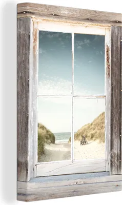 Produktbild von OneMillionCanvasses® - Leinwandbilder - 90x140 cm, Aussicht - Strand - Fahrrad, - Geöffnetes Fenster - Fensterblick Schlafzimmer Kunstdruck Wanddekoration - Foto auf Leinwand - Gemälde auf Holzrahmen  - Wandschmucke - Schlafzimmer