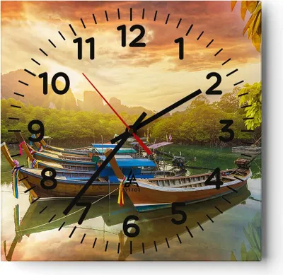 Produktbild von Wanduhr - Quadrat - Glasuhr - Berge Boot Wasser - 30x30cm - Schleichendes Uhrwerk - Lautlos - zum Aufhängen bereit - Dekoration Modern - Wanddekoration aus Glas - C4AC30x30-4003