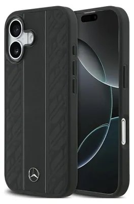 Image de Housse iPhone 17 Mercedes cuir véritable noir motif logo métal MagSafe
