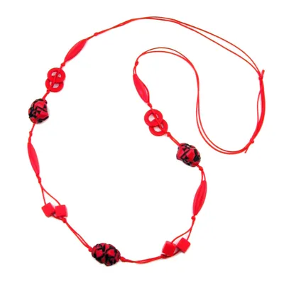 Produktbild von Kette Kunststoffperlen Kieselstein rot-schwarz Kordel rot 100cm rot 100 cm