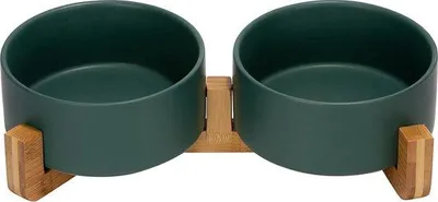 Produktbild von Famanu Doppelter Keramischer Futternapf mit Bambusständer für Katzen und Hunde - 850 ml, Grün