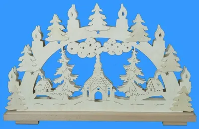 Produktbild von Schwibbogen mit Seiffener Kirche Wald und Beleuchtung BxHxT 50x31x7cm NEU