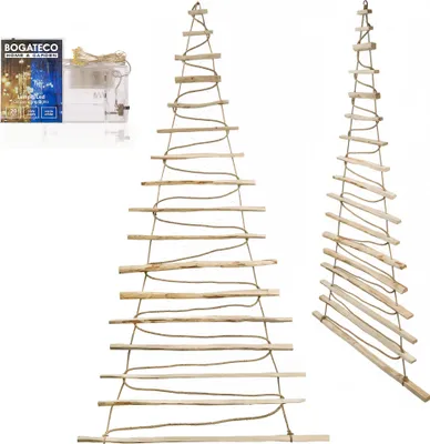 A product shot of a handmade wooden Christmas tree decoration with LED lights and packaging.