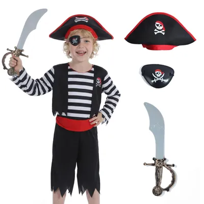 Imagen del producto de Disfraces de pirata para niños, con sombrero, parche en el ojo y espada, talla de 7 a 8 años, para disfraces