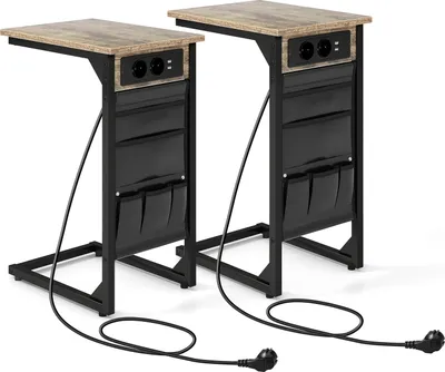 Two identical side tables with built-in power outlets and storage pockets, shown against a white background.