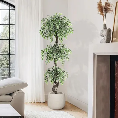 Immagine prodotto di Albero di ficus artificiale - Pianta da terra 180 cm - Realistico - Facile da curare - Per interni/esterni - Foglie in PE - Vaso bianco effetto Vetroceramica