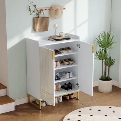 Image de OKWISH Meuble à Chaussures Blanc Avec Portes Dorées Et Pieds Métal, Armoire à Chaussures 4 Étagères Pour Entrée - 75×37×105 cm