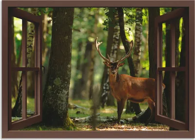 Produktbild von ARTland Wandbild Alu für Innen & Outdoor Fensterblick - Hirsch im Wald, braun Größe: 130x90 cm