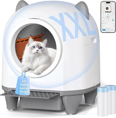 Imagen del producto de Arenero autolimpiante Katzenklo, con adorables orejas de gato, arenero automático para gatos de gran tamaño (XXL), con control remoto, ideal para espacios amplios, seguro, antiolores, capacidad de 90 litros, arenero eléctrico para varios gatos