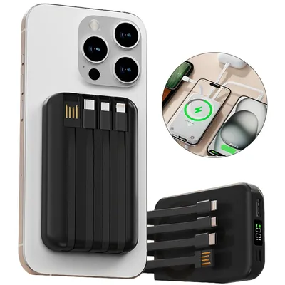 A black magnetic power bank with integrated cables is shown attached to the back of a white smartphone. A circular inset image shows multiple smartphones being charged.
