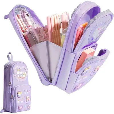 Obrázek produktu pro Kawaii penál – Velká kapacita – 3 přihrádky – Plátěný – Fialový