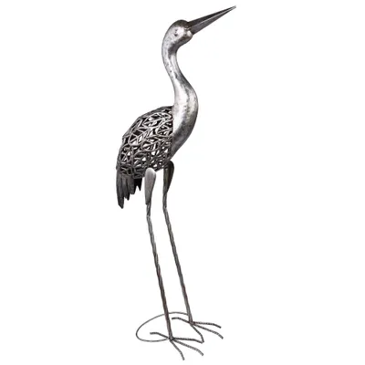 A metal garden sculpture of a crane.