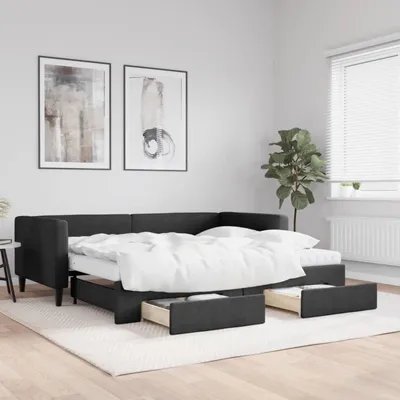 Image de Lit de jour convertible avec tiroirs, dimensions 90x190 cm, couleur noire, revêtement en tissu, avec matelas