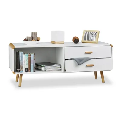 Produktbild von Relaxdays Sideboard abgerundet mit 2 Schubladen, langes Lowboard mit Beine, flache TV-Bank HxBxT 48 x 120 x 40 cm, weiß