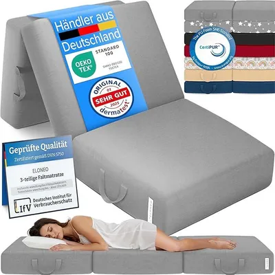 Produktbild von Klappmatratze, Gästematratze, 3-teilige Faltmatratze, Schaumstoff extra dick (15cm), waschbar, Bandscheibenwürfel, klappbar, Faltbare Matratze, Erwachsene (Grau, 75 x 195 x 15 cm)