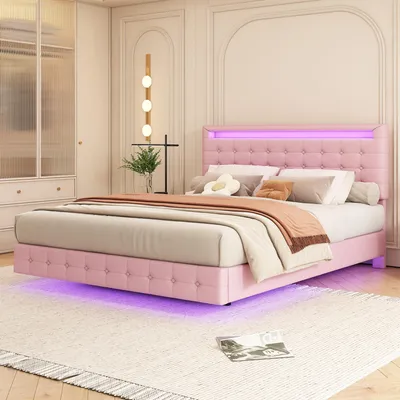 Produktbild von STILVORA Polsterbett 140×200cm, Flachbett mit LED-Umgebungslicht, Floating Design Stil, dreistufige Höhenverstellung des Kopfteils, Rosa