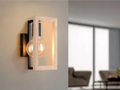 Produktbild von Ausgefallene Industrial LED Wandlampe mit Rahmen aus Holz Wohnzimmer, Höhe 25cm
