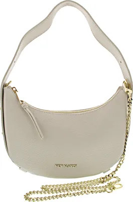 A cream-colored handbag with a gold chain strap is shown against a white background.