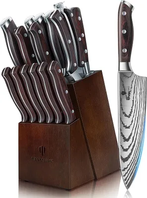 Imagen del producto de Conjunto de cuchillos de cocina japonés de 16 piezas con bloque de madera
