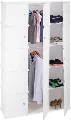 Image de Système d'étagères Relaxdays : armoire à 11 compartiments, penderie avec 2 tringles, étagère à emboîter en plastique à monter soi-même, blanche