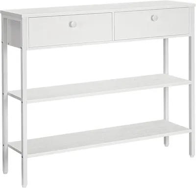 Image de Table console, table d'entrée avec tiroir et deux étagères, table basse avec structure métallique robuste, 100 x 24 x 80 cm, idéale pour l'entrée, le couloir, le salon, couleur blanche, modèle EWW32XG01