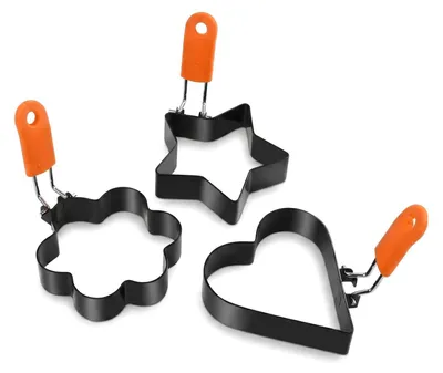 Produktbild von Spiegeleierformen-Set - 3-teilig aus Edelstahl mit klappbaren Silikongriffen - Antihaftbeschichtete Eierringe für Pfannkuchen und Spiegeleier