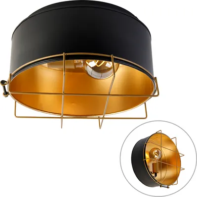 Produktbild von QAZQA - Industrie I Vintage I Industrie I Vintage I Deckenleuchte I Deckenlampe I Lampe I Leuchte schwarz mit Gold I Messing 35 cm - Barril I Wohnzimmer I Schlafzimmer - Stahl Rund - LED geeignet E27