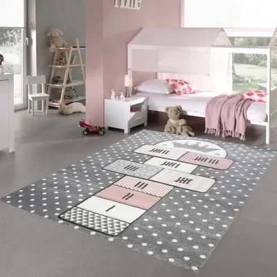Immagine prodotto di Tappeto per bambini con gioco del salto, motivo a quadrati, nei colori grigio, rosa e crema - Dimensioni: 120 x 170 cm