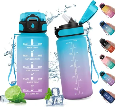 Produktbild von Trinkflasche 500 ml – Mit Strohhalm und Zeitmarkierungen