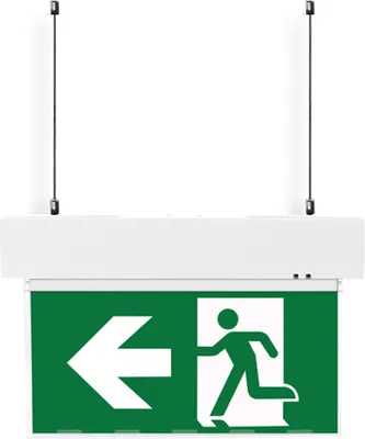 Productafbeelding van LED Notleuchte mit Abhängeseil für Deckenmontage 5,5W Dauerlicht mit 4 Piktogrammen & tauschbarem Akku