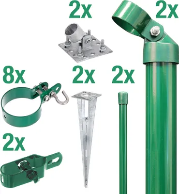 Immagine prodotto di Alberts 601195 Set di collegamento per cancello in filo metallico e recinzione in rete metallica, set, 2s, zinco-fosfatato verde, con bussola di fissaggio a terra, Ø cancello: 76 mm, altezza recinzione: 1000 mm