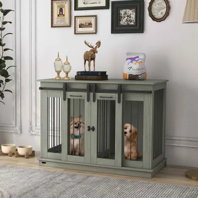 Produktbild von Hundekäfig mit Schiebetüren im Scheunenstil, Hundebox mit Trennwand, Metallgitter, Grau | 120 x 60 x 88,5 cm | 42,5 kg | MDF & Stahl
