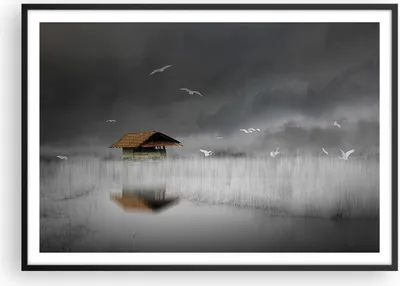 Produktbild von Gerahmtes Poster - Schwarzer Rahmen - Hütte Nebel Sumpf - 100x70 cm - Wand Bild - Wanddeko - Wandbilder - Kunstposter - Wandposter - Bilderrahmen - Bilder - Kunstdruck - P2BAA100x70-4896
