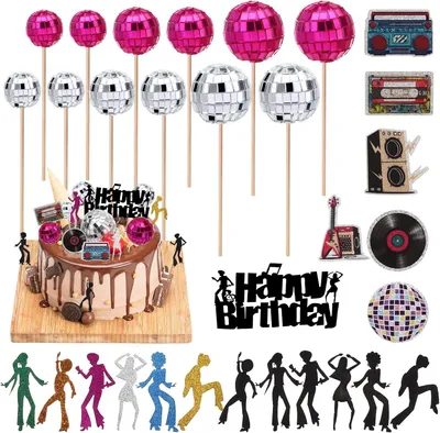Productafbeelding van Discobol - Set van 31 - Taartdecoratie - Happy Birthday taarttoppers - Taarttoppers uit de jaren '70 - Discobal - Dans