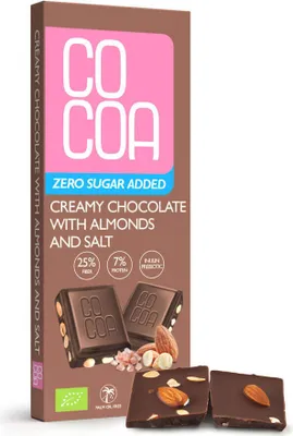 Produktbild von CREAMY-SCHOKOLADE MIT MANDELN UND SALZ, OHNE ZUSATZZUCKER, , 40 g – COCOA