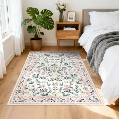 Image de Paillasson de 80 x 150 cm, lavable, antidérapant, à motifs floraux, rose