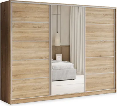 A large, modern sliding door wardrobe with mirrored panels, reflecting a bedroom interior.