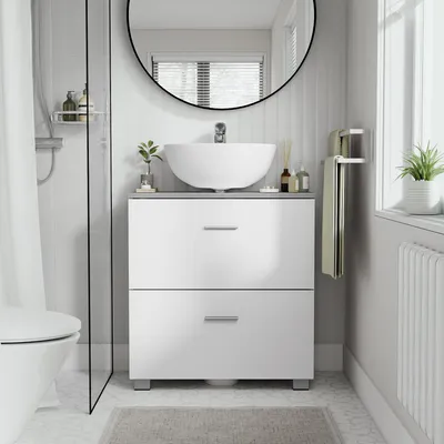 Produktbild von VASAGLE Unterschrank mit Schubladen, Badschrank mit hohen Füßen, Aufbewahrungsschrank, 60 x 30 x 63,8 cm, grau-weiß