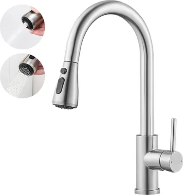 A stainless steel kitchen faucet with a pull-down sprayer is shown against a white background. Inset images show the sprayer in action.