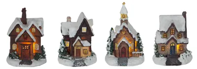 Image de Villages de Noël LED, modèle "Smallville", présentoir de 12 pièces, alimentés par piles, multicolores, lumière blanc chaud