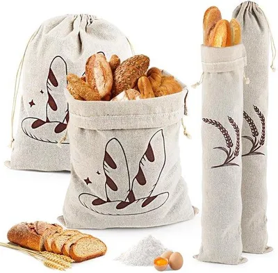 Produktbild von Unyqoos® Leinen-Brotbeutel 4er-Set – wiederverwendbare, atmungsaktive Brot- & Gemüsebeutel mit Kordel, 2×30×40 cm + 2×15×60 cm
