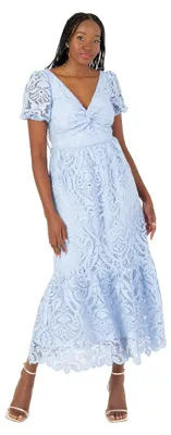 Produktbild von Maya Deluxe Damen Midikleid mit V-Ausschnitt, kurzen Puffärmeln und Detail am Vorderteil